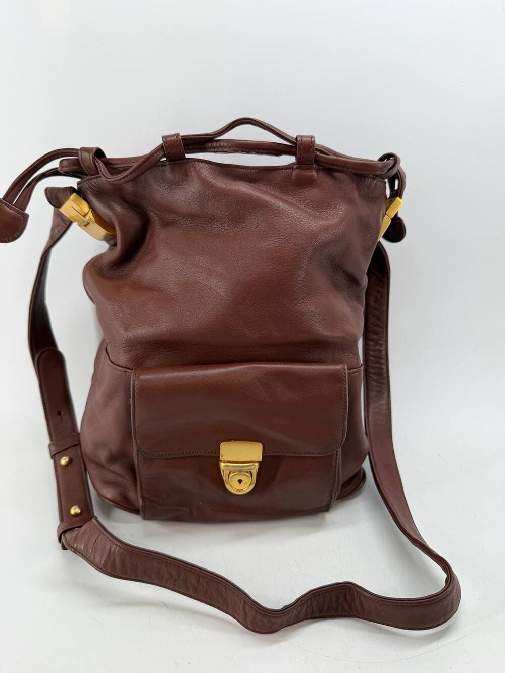 Lorelli Brown Leather Crossbody Shoulder Bag Gold Turn Lock Front Pocket Vintage